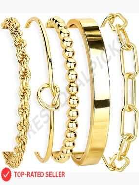 Stackable Chunky Cuff Bracelet Set Gold Plated Sterling Silver Adjustable Trendy